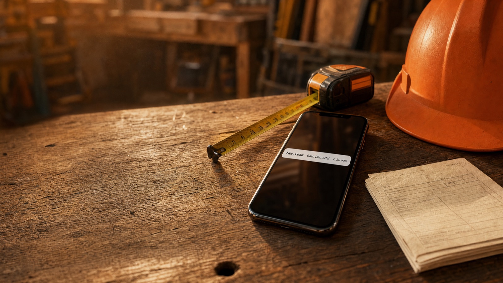 A smartphone on a workshop bench beside a tape measure, hard hat, and a folded estimate — the screen showing a 'New Lead — Bath Remodel · 0:30 ago' notification under warm shop lighting.