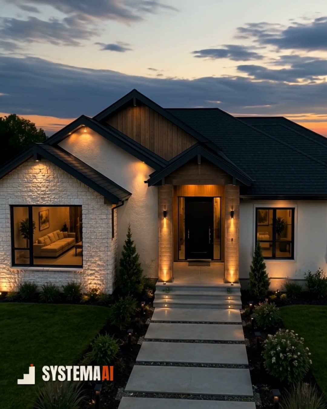 The finished house, lit at dusk
