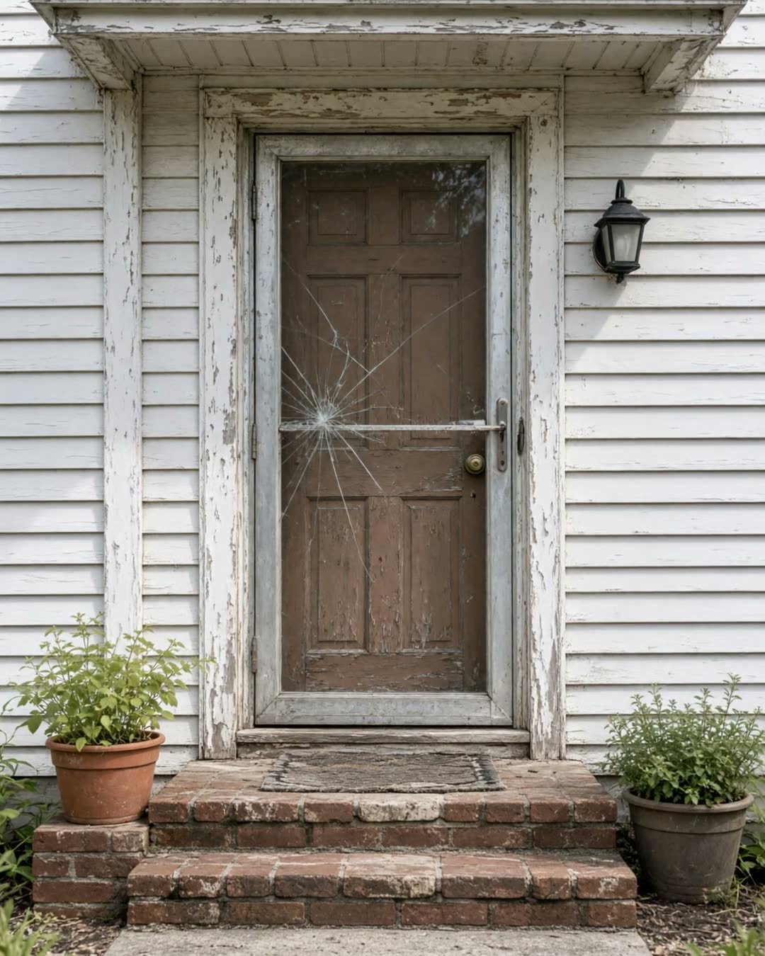 An old door behind a cracked storm door