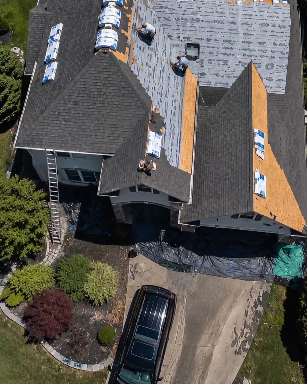 A roof mid tear-off, from above