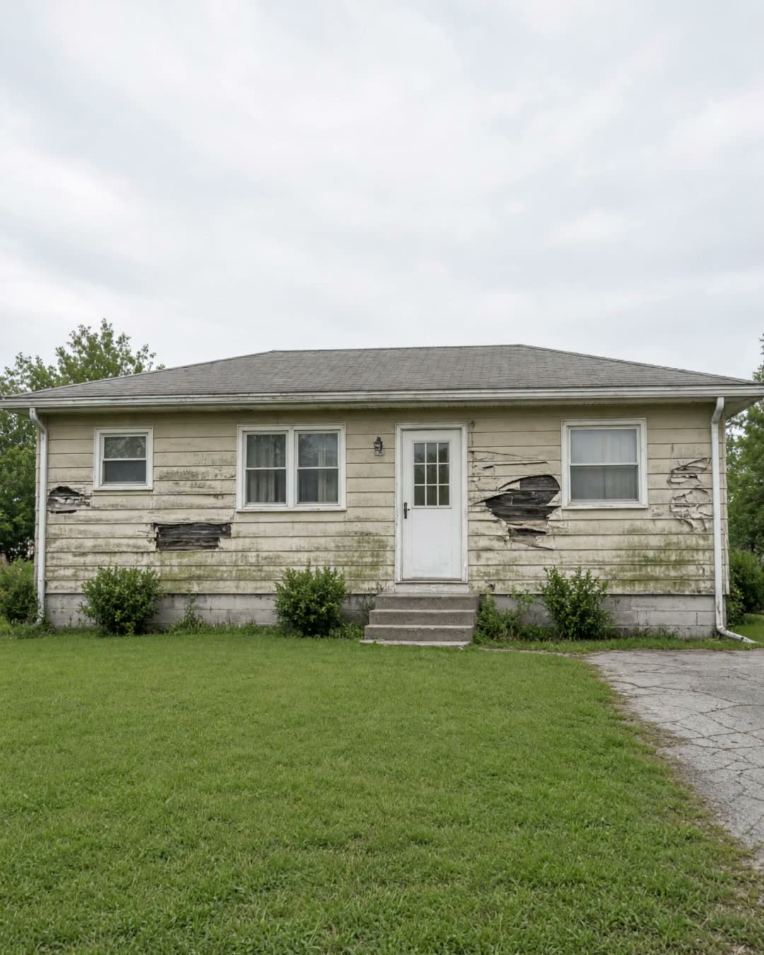 A ranch house with peeling, damaged siding