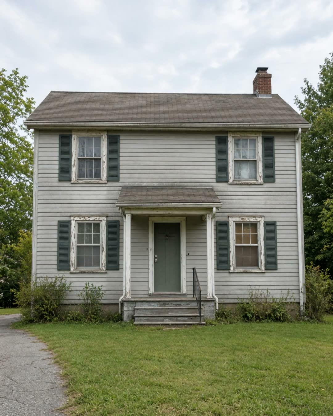 A colonial with peeling, failing wood windows